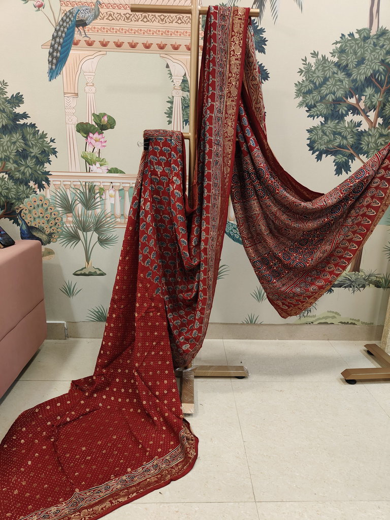 Lotus Print Ajrakh Saree