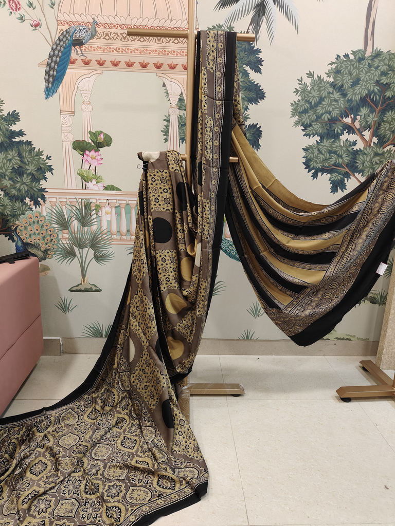 Brown with mustard Print Ajrakh Saree