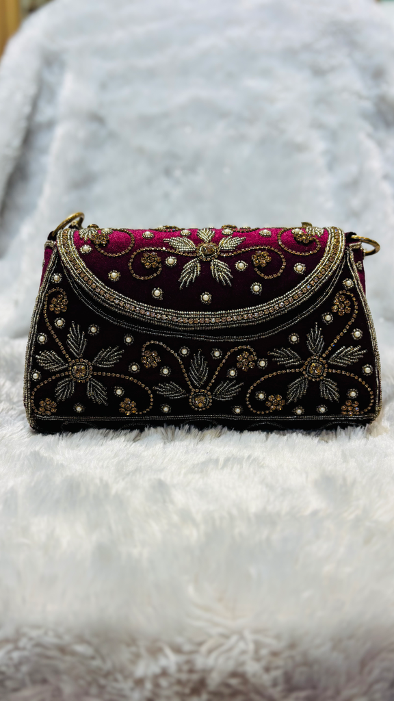Regal Maroon Hand-Embroidered Velvet Handbag