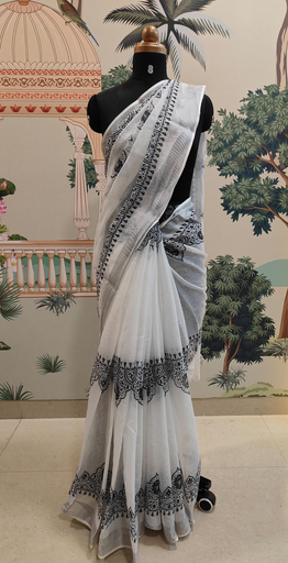 White with Black Print Jute Saree