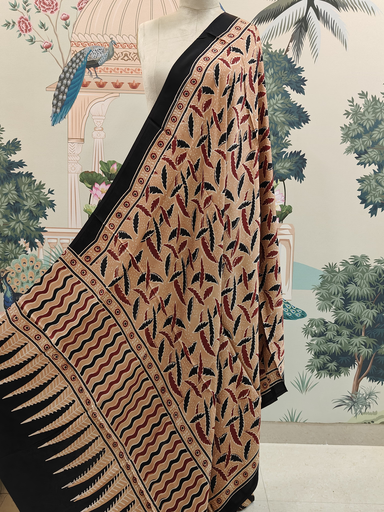 Beige Leaf‑Print Modal Silk Ajrakh