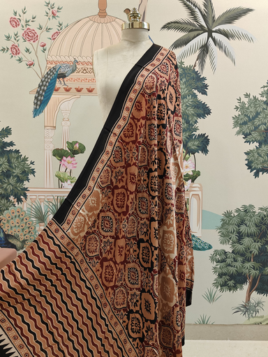 Beige Leaf‑Print Modal Silk Ajrakh