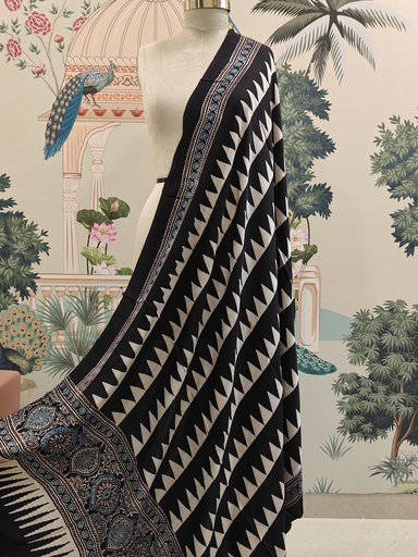 Black & White Triangle‑Print Modal Silk Ajrakh